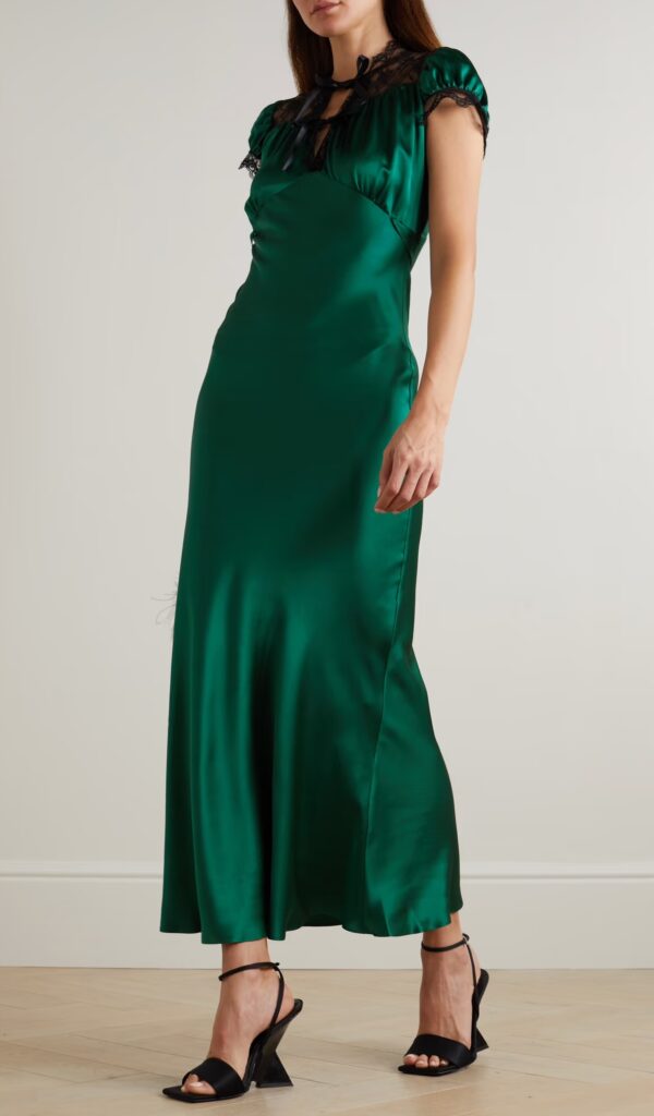 green Lace-trimmed silk-satin dress from rodarte, holiday party outfit inspiration