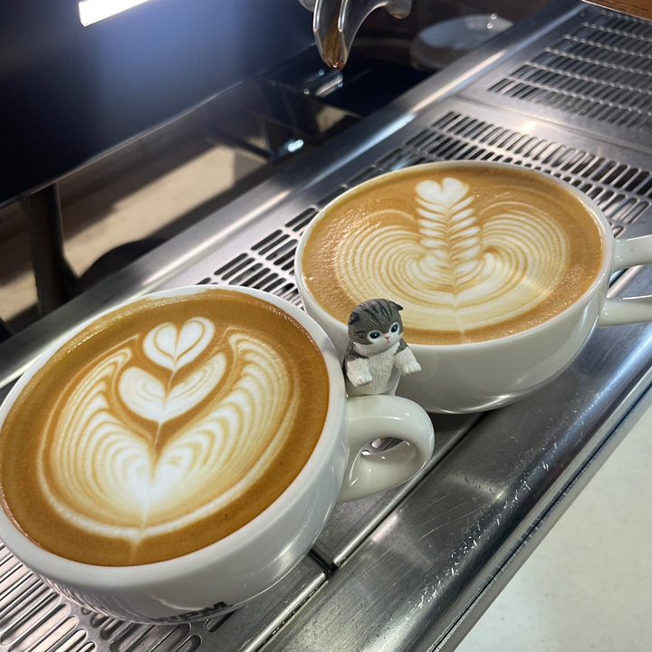 two cups of coffee with latte art from coffee slave, kwun tong cafe, coffee slave kwun tong coffee shop in hong kong