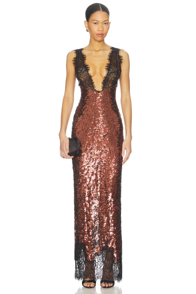 Revolve x Christina Elezaj The Lorelai Maxi Dress, sequin and lace holiday party dress, what to wear to a christmas party hong kong